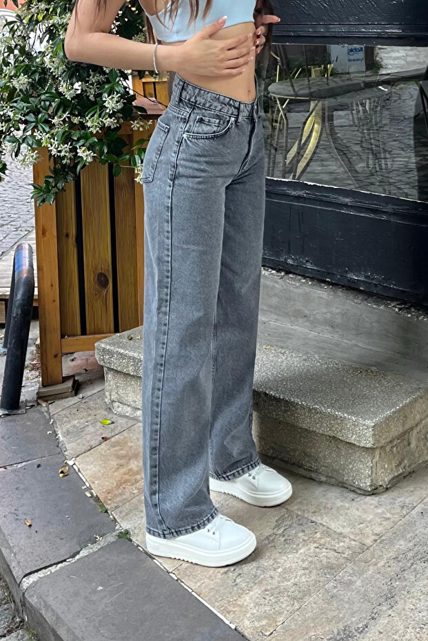 Geräucherte Jeans mit hoher Taille und weitem Bein - 2
