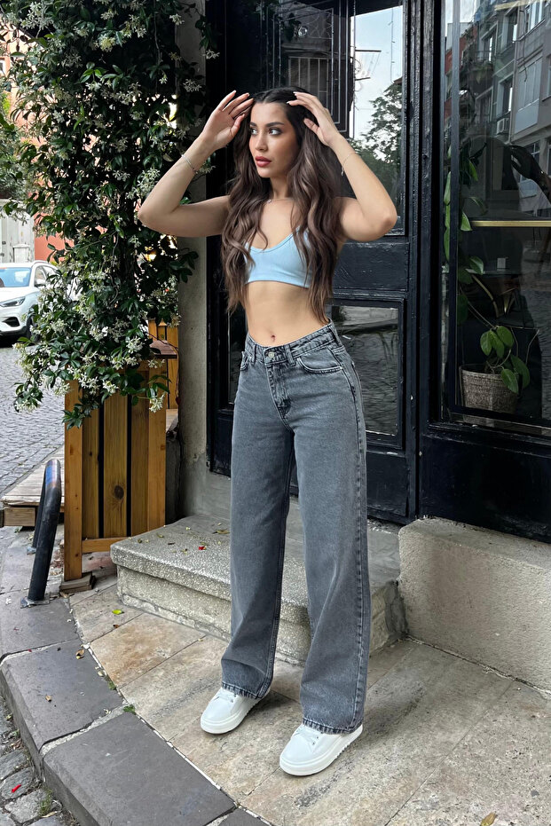 Geräucherte Jeans mit hoher Taille und weitem Bein - 3