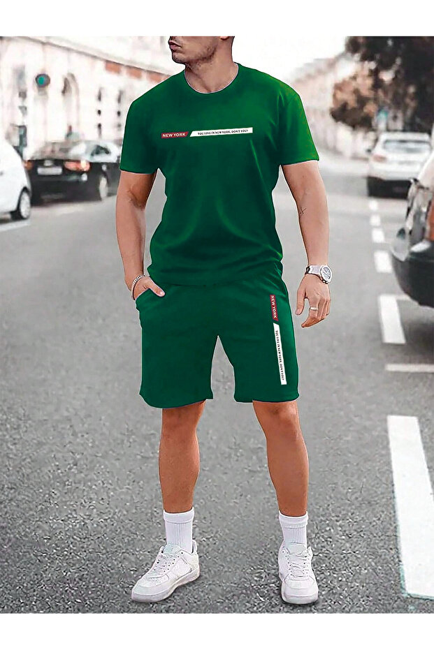 New York Graphic T-Shirt Shorts - Green Bottom Top Combination Shorts T-Shirt Set Printed Oversized Crew Neck