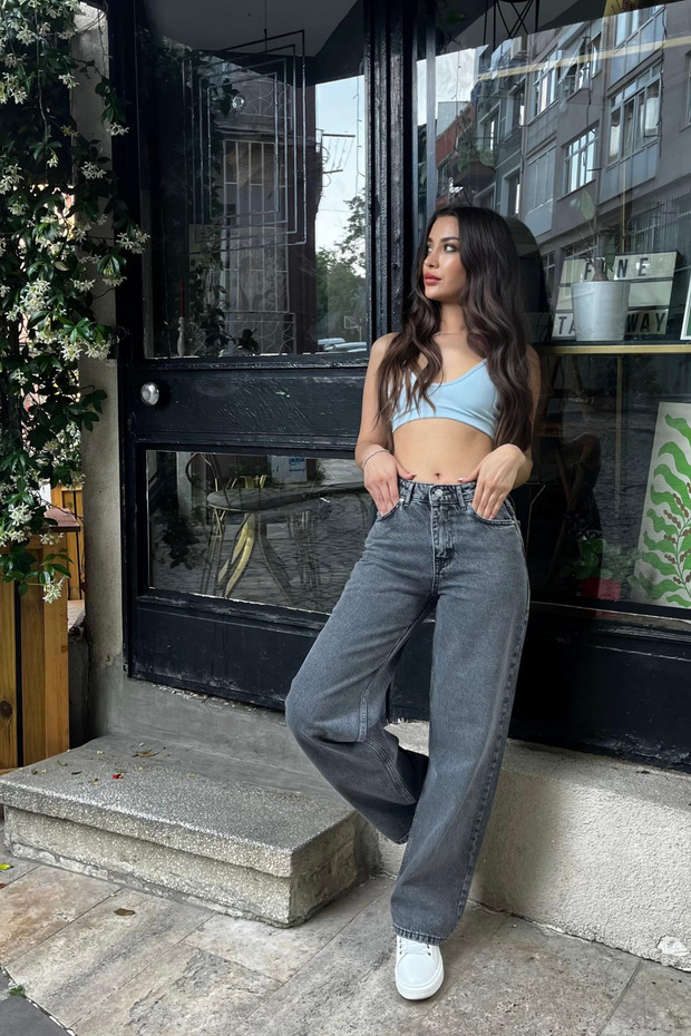 Geräucherte Jeans mit hoher Taille und weitem Bein - 8