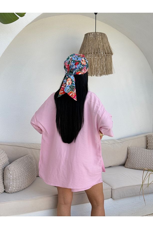 Kadın Keten Kumaş Oversize Gömlek Şort Takımı - 7