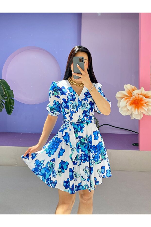 V Neck Button Waist Belted Half Sleeve Lined Poplin Dress