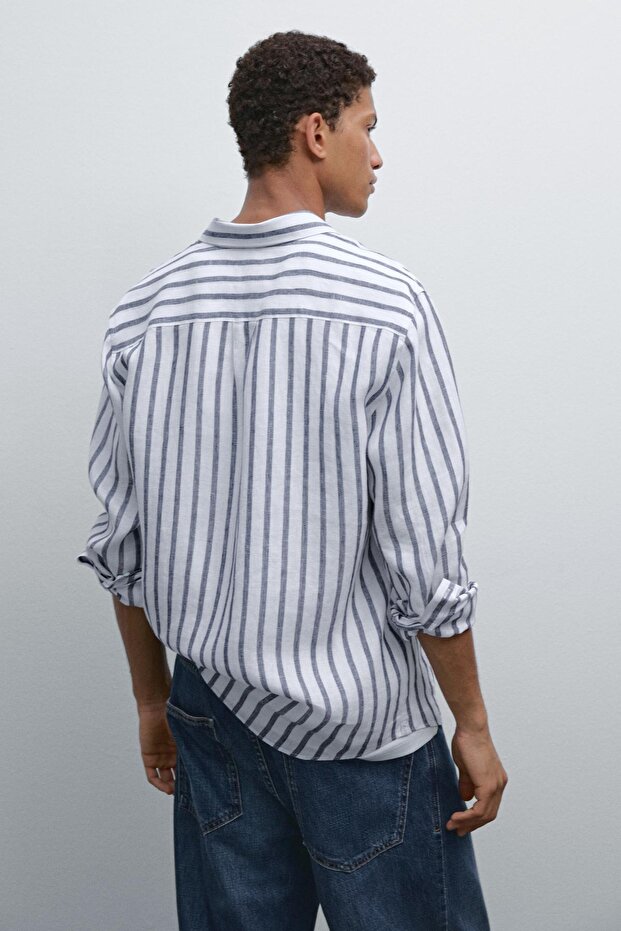 Regular fit çizgili keten gömlek - 3