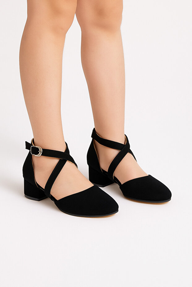 New Season Black Suede Buckled Cross-Strap Girls' Heeled Shoes
