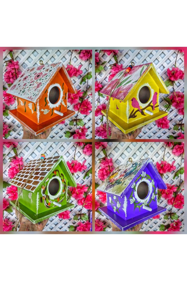 4 Large Size Wooden Birdhouses, Garden Balcony Decoration, Tree Ornament, Handmade