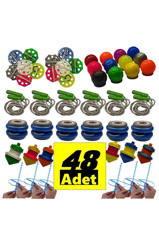 48 Adet Karışık Nostalji Oyuncak Eğlence Seti - Topaç-Yoyo-Ufo Fırfır-İpli Fırfır-Atlama İpi - 2