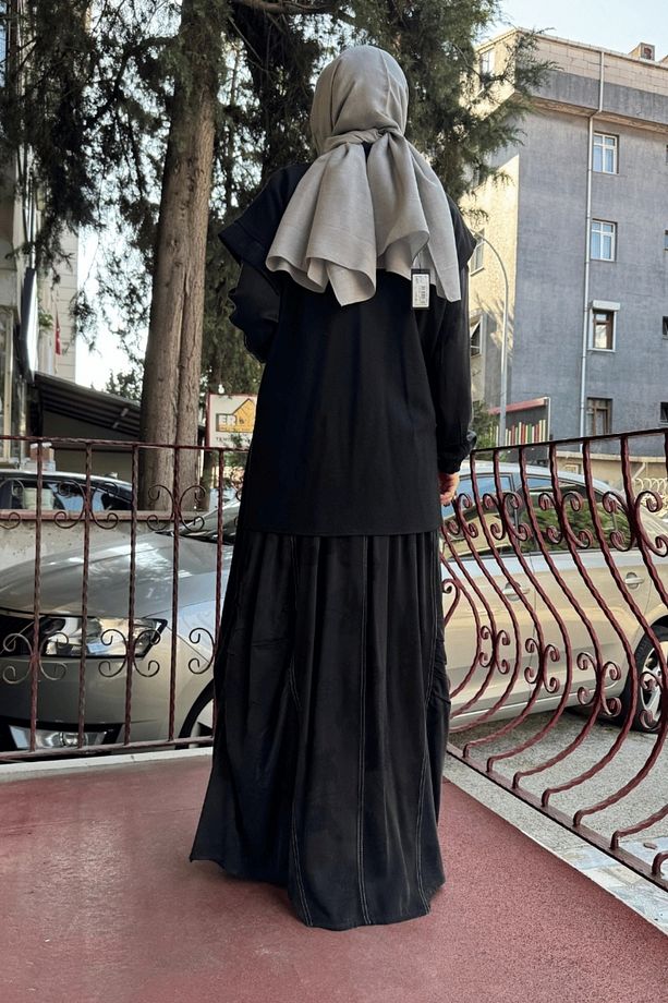Keçe Yelekli Cupro İpek Elbise Siyah 36819 - 2