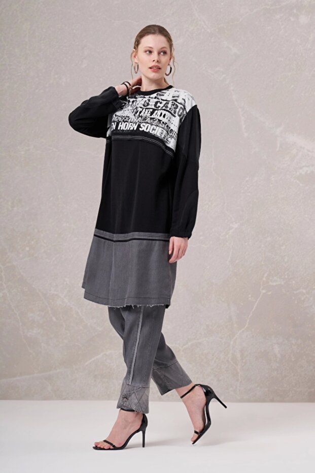 تونيك قطن ممشط مطبوع باللون الأسود - 35002 - 1