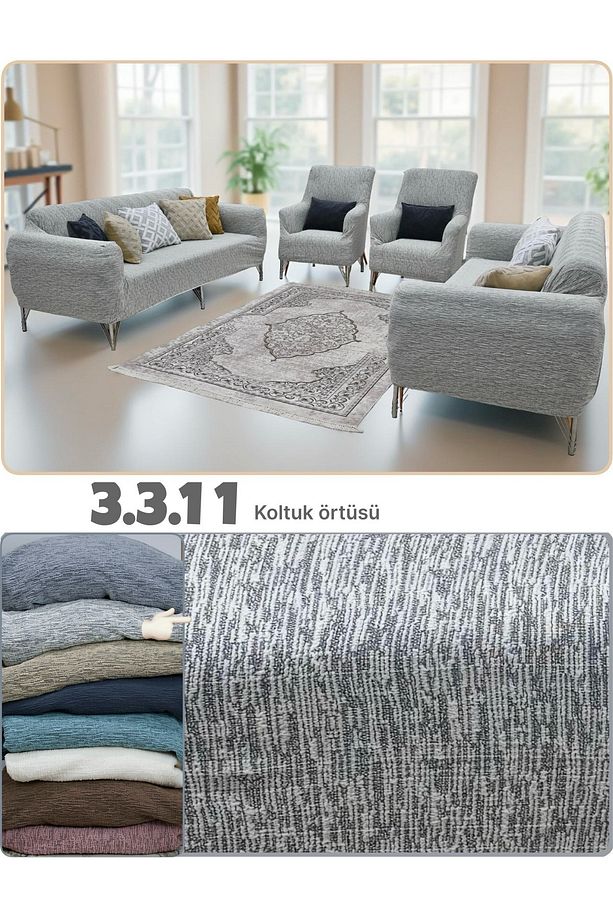 Streç Lastikli Esnek Yıkanabilir 3 3 1 1 Jakarlı Koltuk Örtüsü Takımı Koltuk Kılıfı - 4