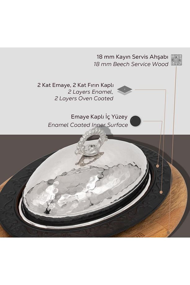 Döküm Oval Döner, Kebap Tabağı Kayın Servis Ahşabı Ve Bakır Dövme Formlu Kapak Ölçü 28x20cm. - 4