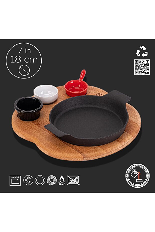 Döküm Demir Çift Kulplu Yuvarlak Sahan ve Kayın Servis Ahşabı. Çap(Ø)18cm.(Sosluklar Dahil Değildir) - 2