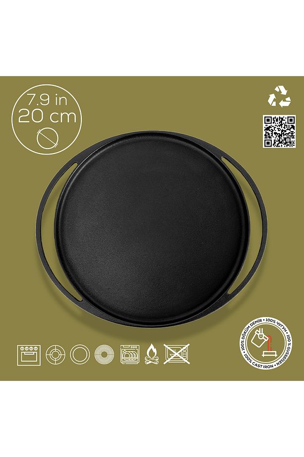 Döküm Yuvarlak Pizza Krep Pankek Tavası Döküm Demir Yekpare Çift Kulplu Çap(Ø)20cm. - 5