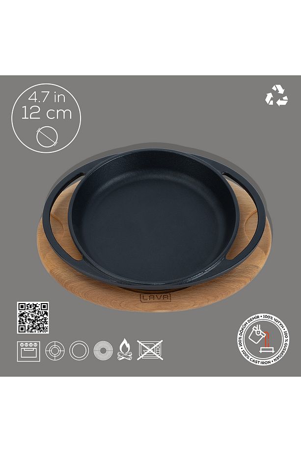 Döküm Yuvarlak Sahan Döküm Demir Yekpare Çift Kulplu Kayın Servis Ahşabı Çap(Ø)12cm. - 5
