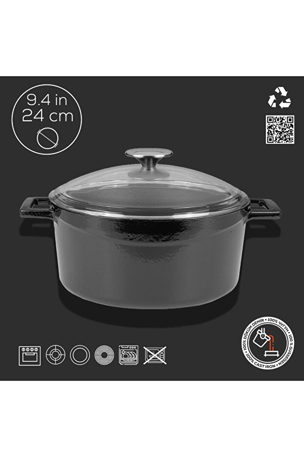 Döküm Yuvarlak Tencere Cam Kapaklı. Glaze Çap(Ø)24cm. - 4
