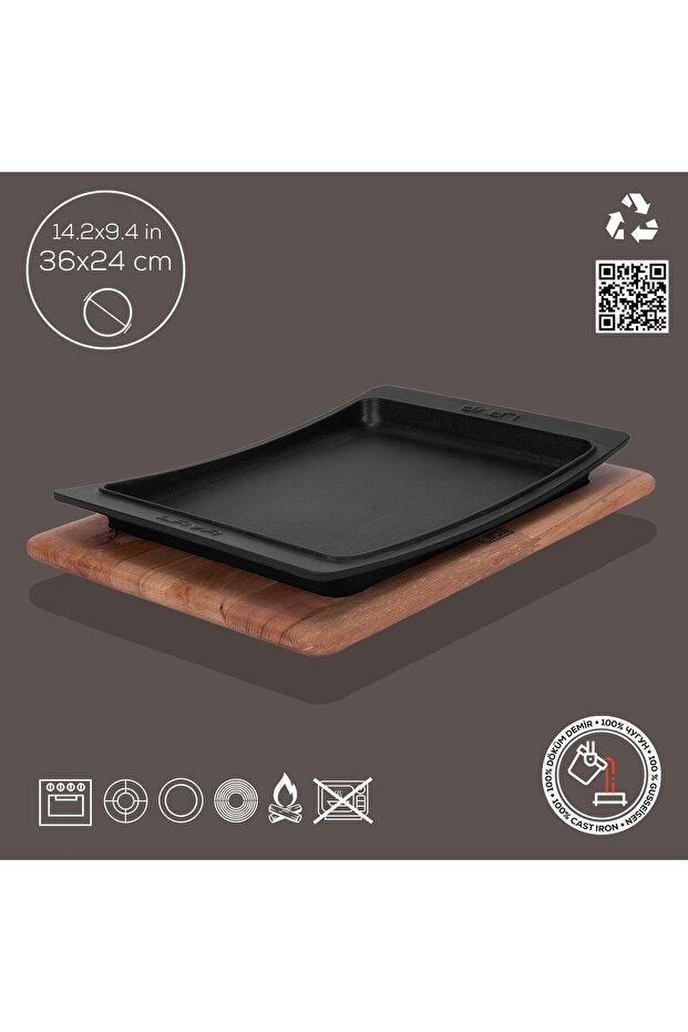 Döküm Dikdörtgen Servis Tabağı Ve Kayın Servis Ahşabı. Ölçü 36x24cm. - 2