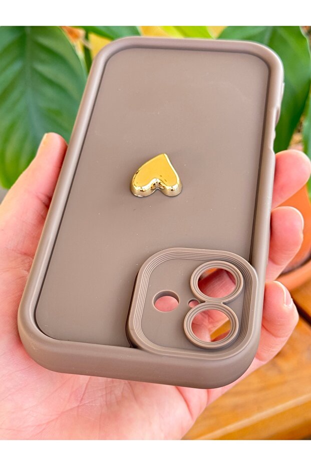Apple iPhone 16 Plus Case Brown Pattern Soft Camera Protected Cover with 3D Heart Design - 7