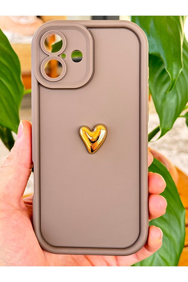 Apple iPhone 16 Plus Case Brown Pattern Soft Camera Protected Cover with 3D Heart Design - 4
