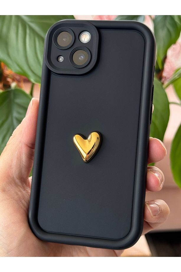 Apple iPhone 13 Kılıf 3D Kalp Tasarımlı Siyah Desenli Yumuşak Kamera Korumalı Silikon Kapak - 4