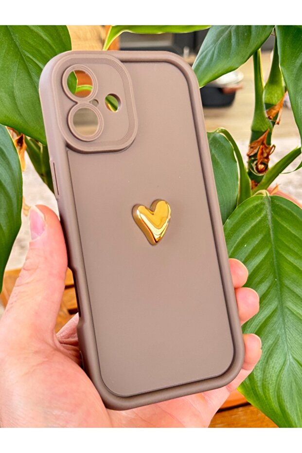 Apple iPhone 16 Plus Case Brown Pattern Soft Camera Protected Cover with 3D Heart Design - 8