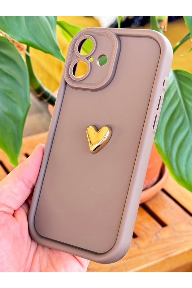 Apple iPhone 16 Plus Case Brown Pattern Soft Camera Protected Cover with 3D Heart Design - 6