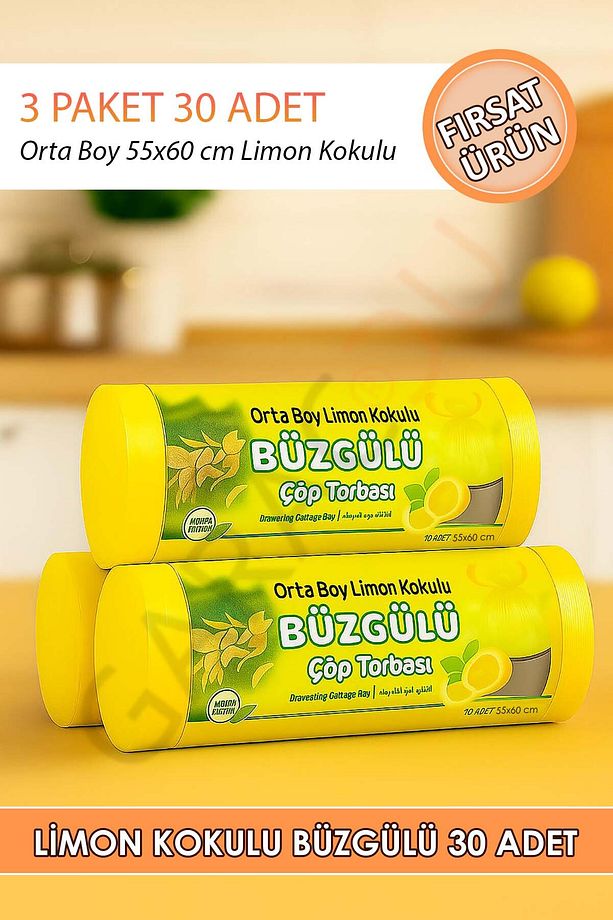 Orta Boy Limon Kokulu Büzgülü 55x60 Cm Kalın Çöp Poşeti Torbası 3 Paket - 30 Adet - 1
