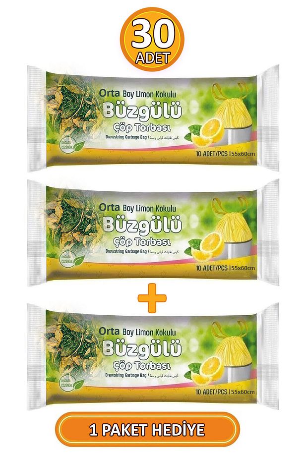 Orta Boy Limon Kokulu Büzgülü 55x60 Cm Kalın Çöp Poşeti Torbası 3 Paket - 30 Adet - 2