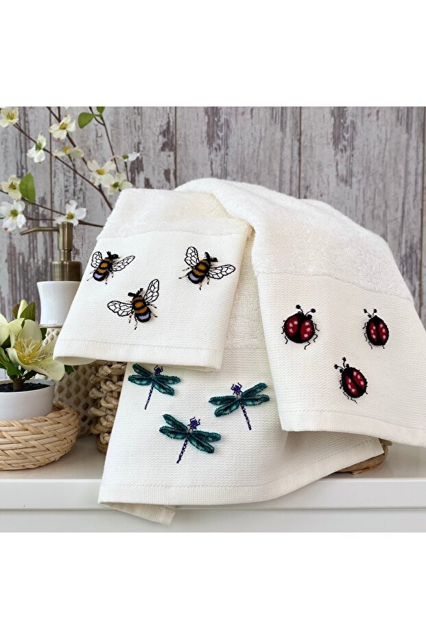 Wing - Embroidered Kitchen Towel 70% Bamboo / 30% Cotton - Cream Set of 3 30X50