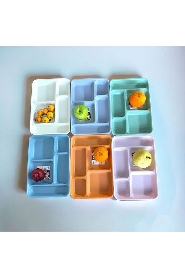 6 Adet Tabldot 5 Bölmeli Lüks Plastik Piknik Yemek Servis Tabağı, 6 Renk Tablot 21x31x3,3(h) cm - 6