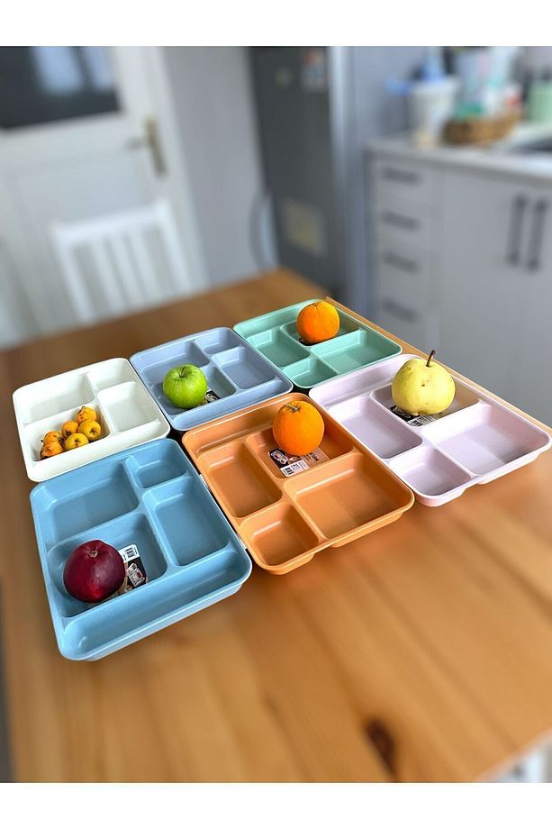 6 Adet Tabldot 5 Bölmeli Lüks Plastik Piknik Yemek Servis Tabağı, 6 Renk Tablot 21x31x3,3(h) cm - 1