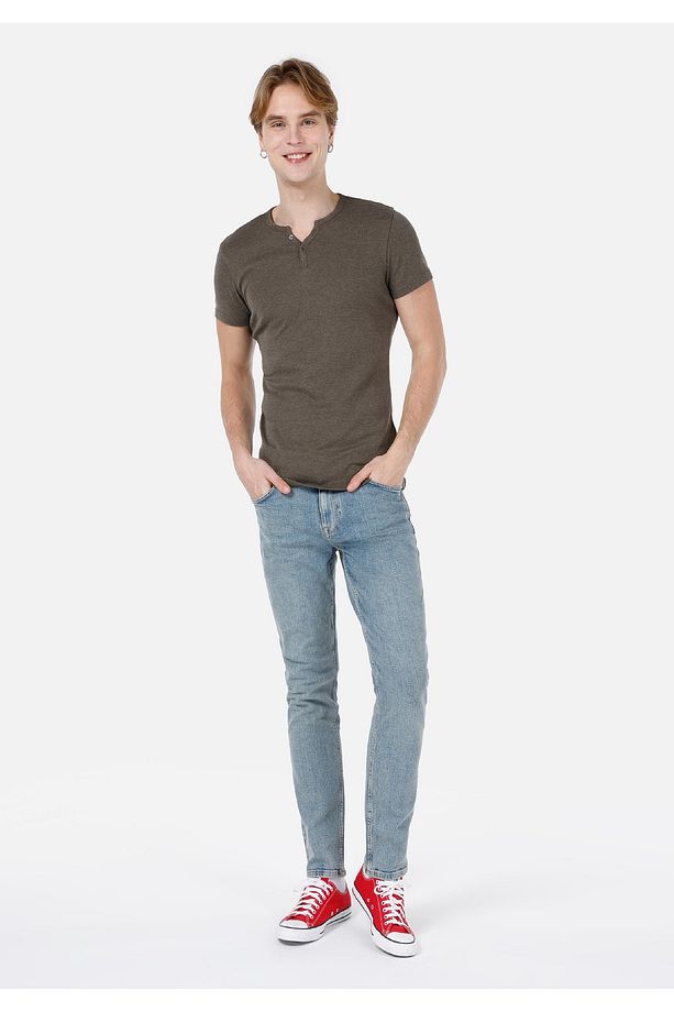 Slim Fit Placket Neck Örme Erkek Haki Kısa Kol Tişört - 3