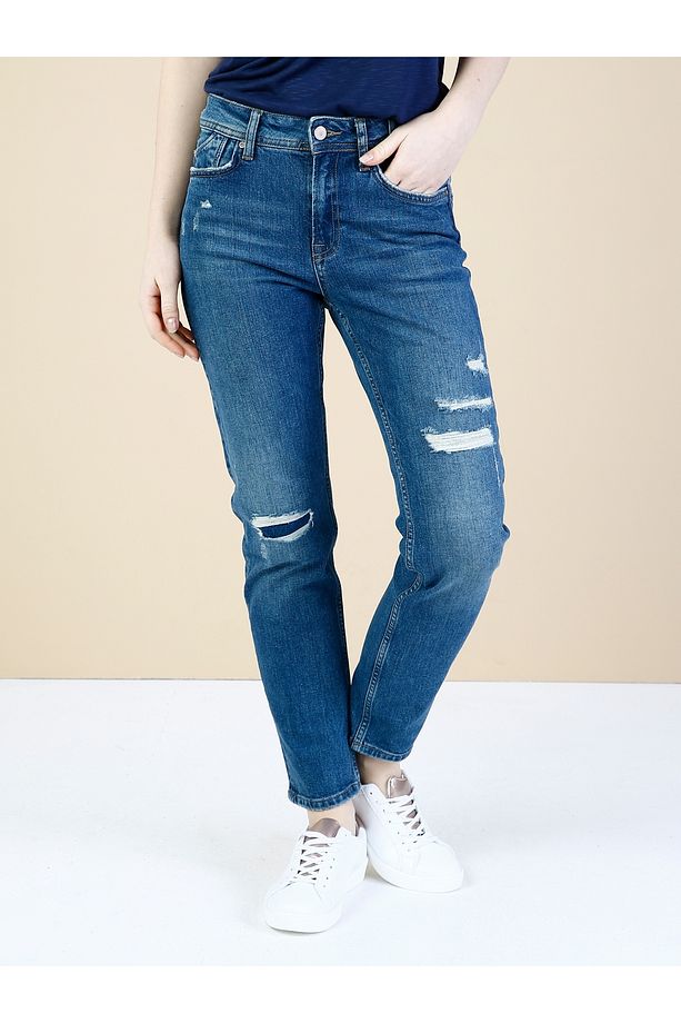 Slim Fit Orta Bel Daralan Paça Kadın Indigo Jean Pantolon - 1