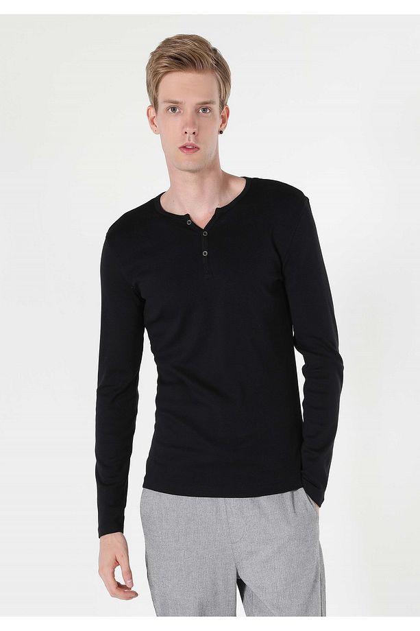Slim Fit Placket Neck Düz Erkek Siyah Uzun Kol Tişört - 1