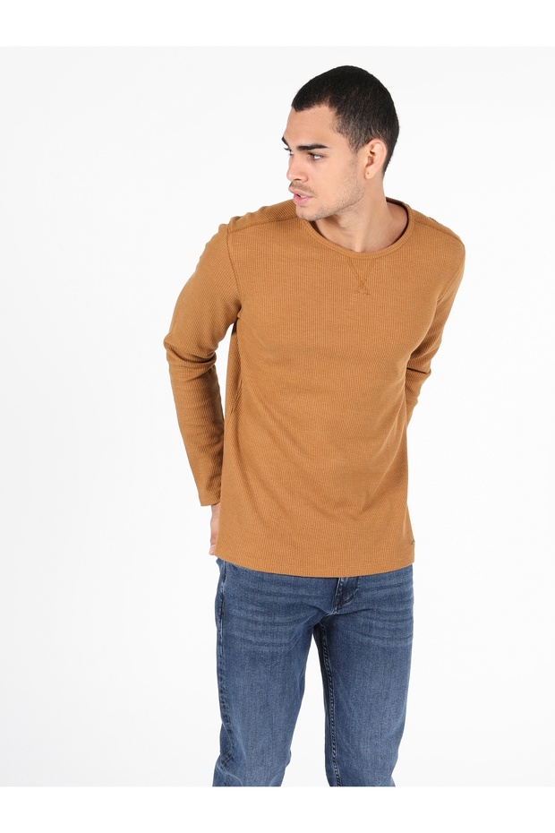 Slim Fit Yuvarlak Yaka Erkek Sari Uzun Kol Tişört - 3