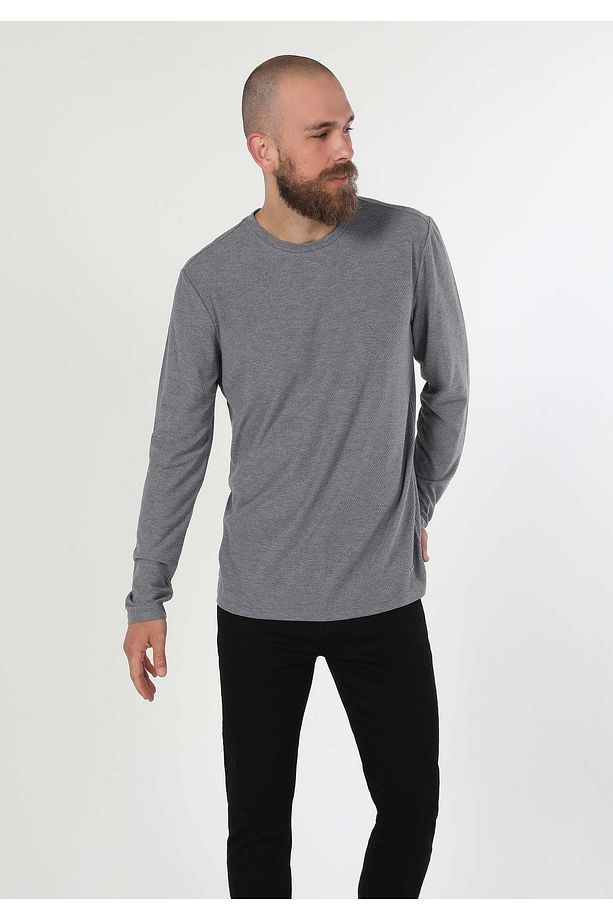 Regular Fit Bisiklet Yaka Erkek Gri Melanj Uzun Kol Tişört - 1
