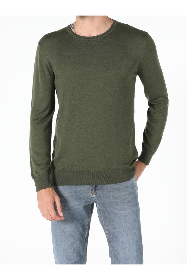 Regular Fit Yuvarlak Yaka Erkek Yeşil Kazak - 4