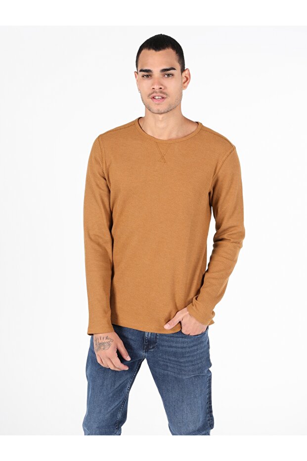 Slim Fit Yuvarlak Yaka Erkek Sari Uzun Kol Tişört - 4