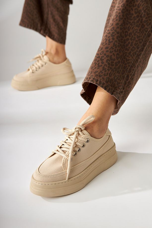 Sassa Bej Yüksek Tabanlı Bağcıklı Kadın Sneaker - 8