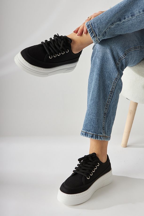 Sassa Siyah Yüksek Tabanlı Bağcıklı Kadın Sneaker - 8