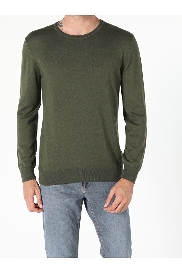 Regular Fit Yuvarlak Yaka Erkek Yeşil Kazak - 1