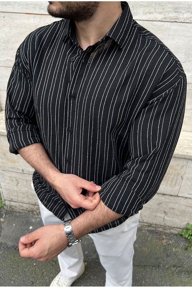 Siyah Beyaz Çizgili Gömlek Erkek Regular Fit Kalıp Eşref Tek Gömleği - 3