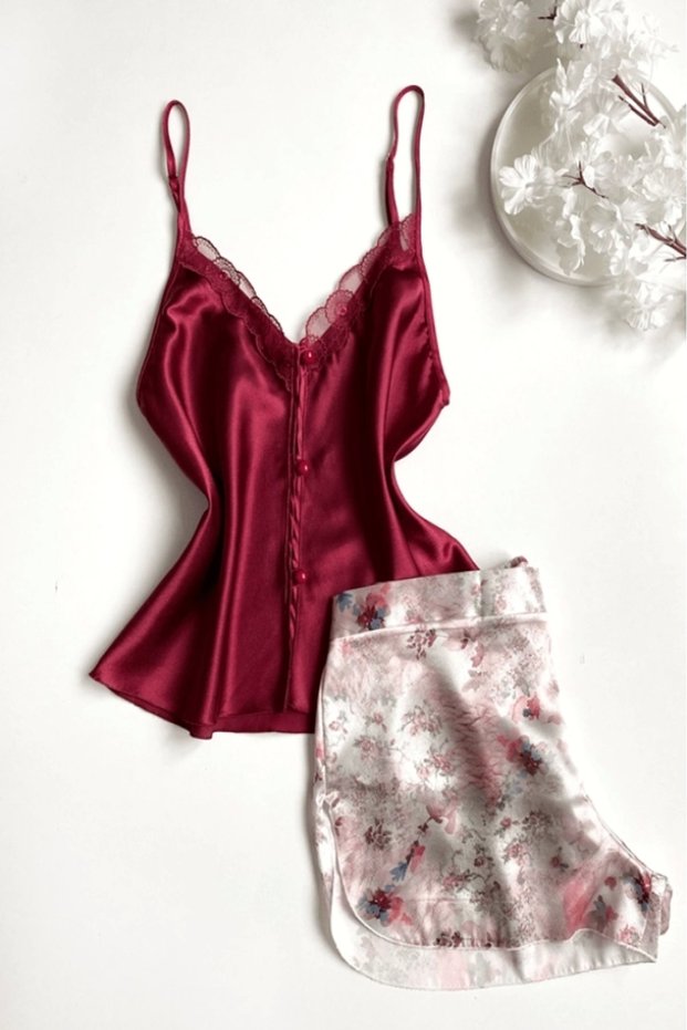 Flower Guipure Detailed Satin Shorts Set