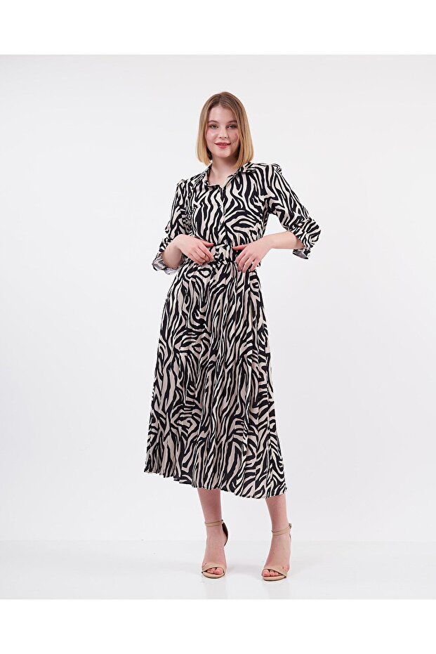 Desenli Piliseli Elbise - 2