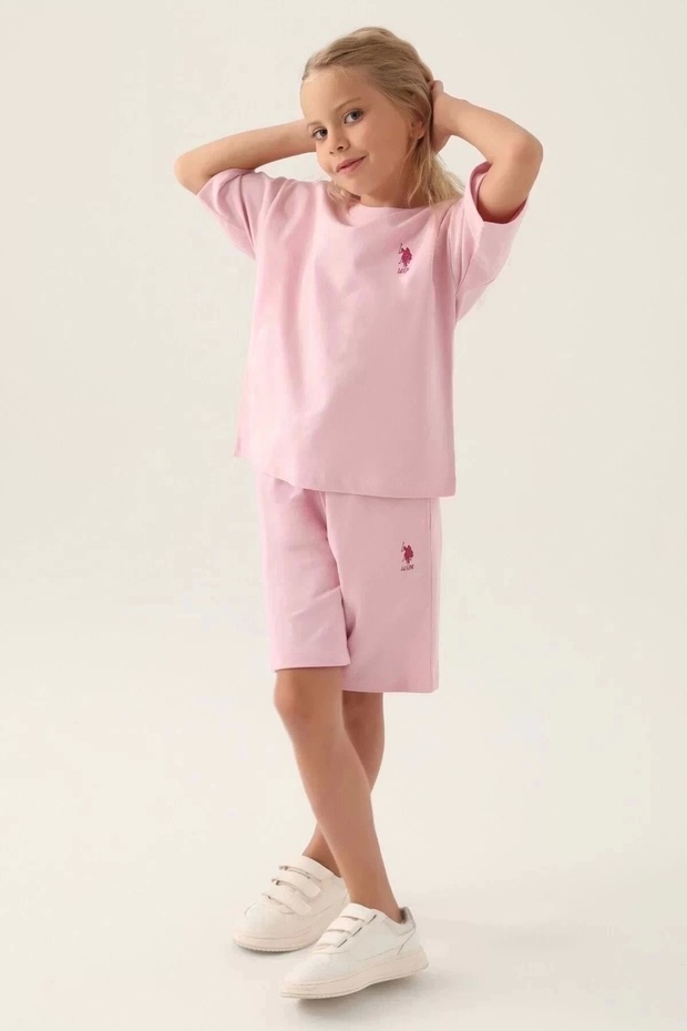 US Polo Assn Licensed Simple Neon Pink Girl's Bermuda Suit