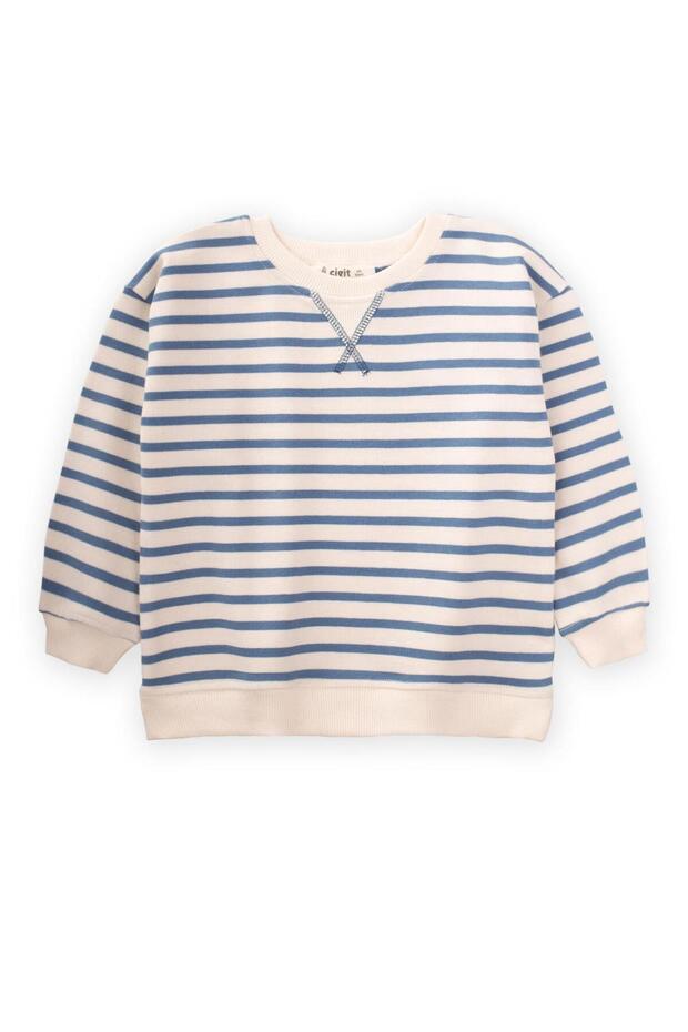 Striped Karyoka Detailed Seasonal Sweatshirt 2-12 Years Indigo Blue