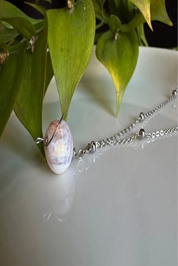 Pink agate natural stone steel necklace | planet series