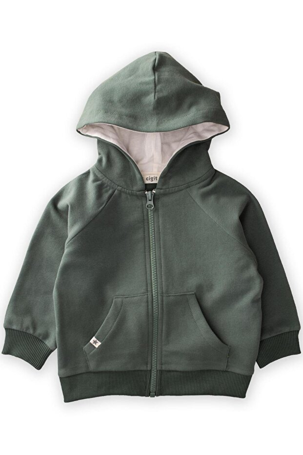 Hooded Zippered Cardigan 1-14 Years Khaki Green