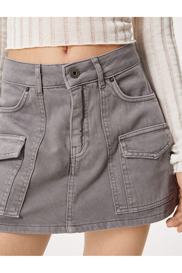 Kot Şort Etek Mini Gabardin Kumaş Fermuarlı Düğmeli - 5
