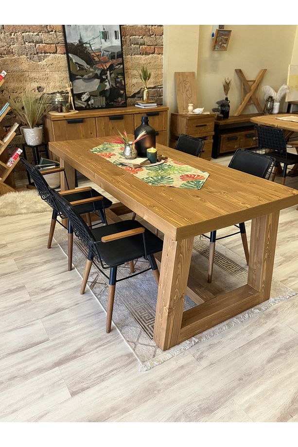 Ntconcept Farmhouse Doğal Ahşap Masif Yemek Masası 80x180cm 6 Adet Sandalye - 6