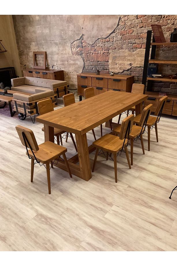 Ntconcept Farmhouse Doğal Ahşap Masif Yemek Masası 80x180cm 6 Adet Sandalye - 1