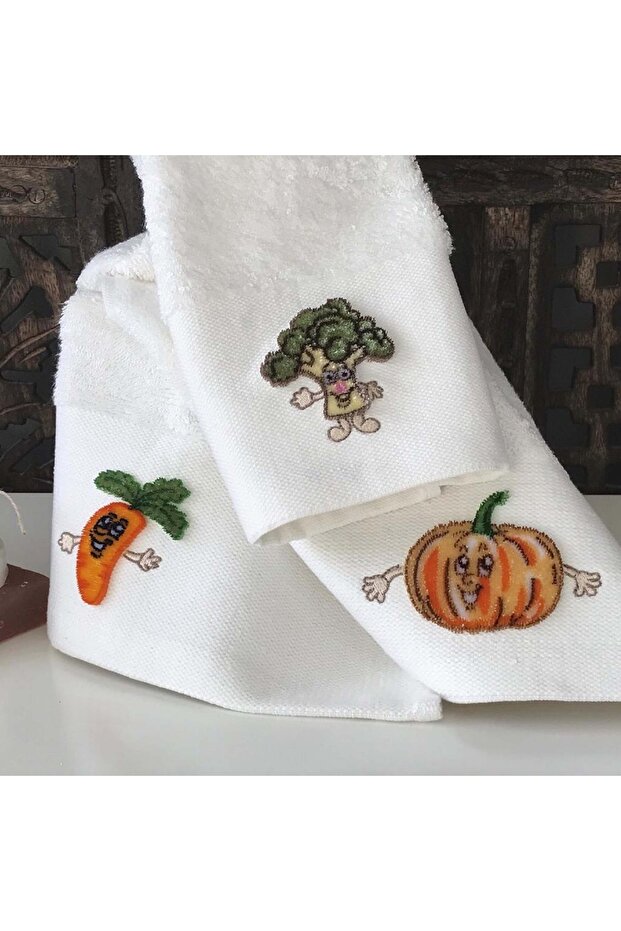 Sebze - Tufted Embroidered Kitchen Towel 70% Bamboo / 30% Cotton - Cream Set of 3 30X50